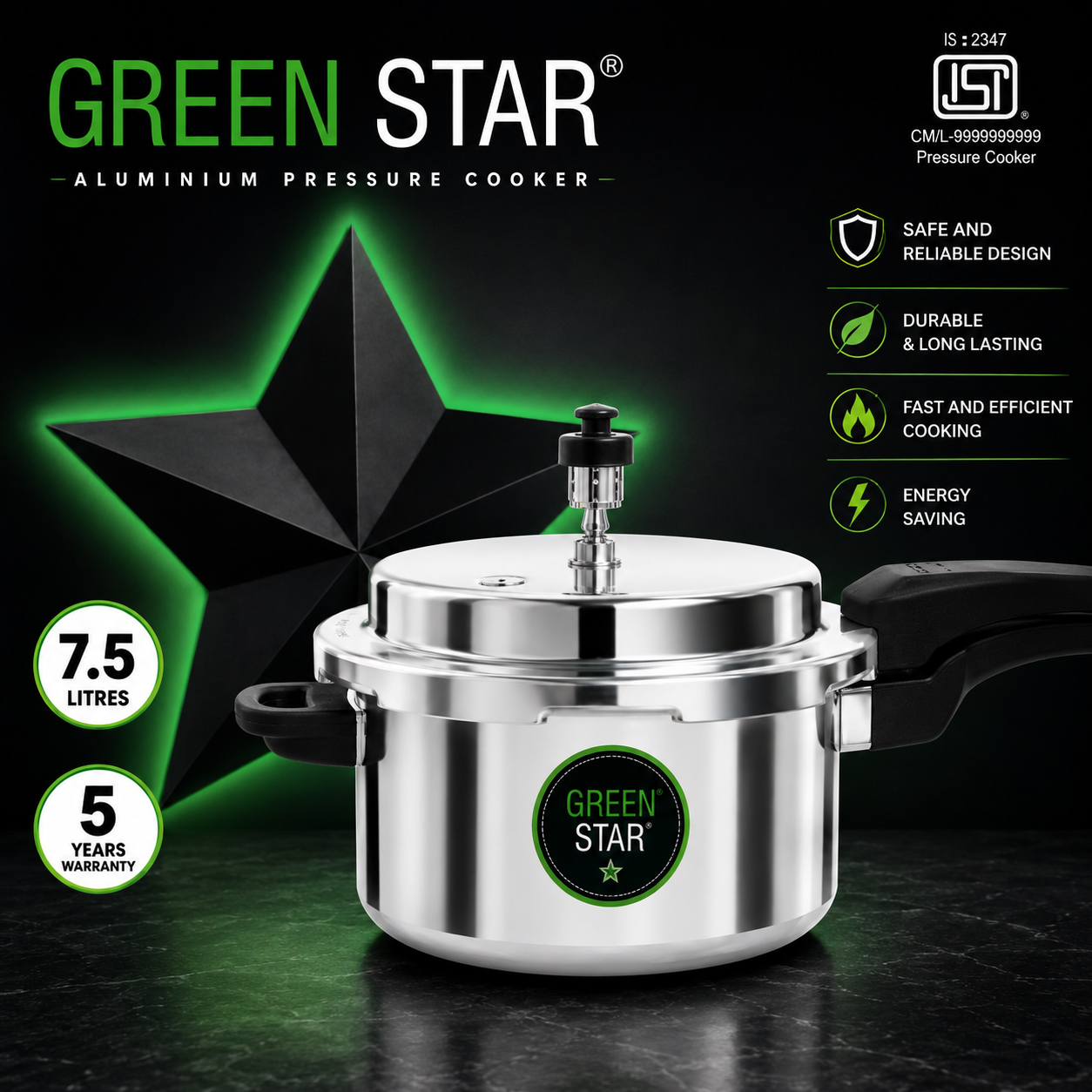 Green Star 7.5 Litre Aluminium Pressure Cooker